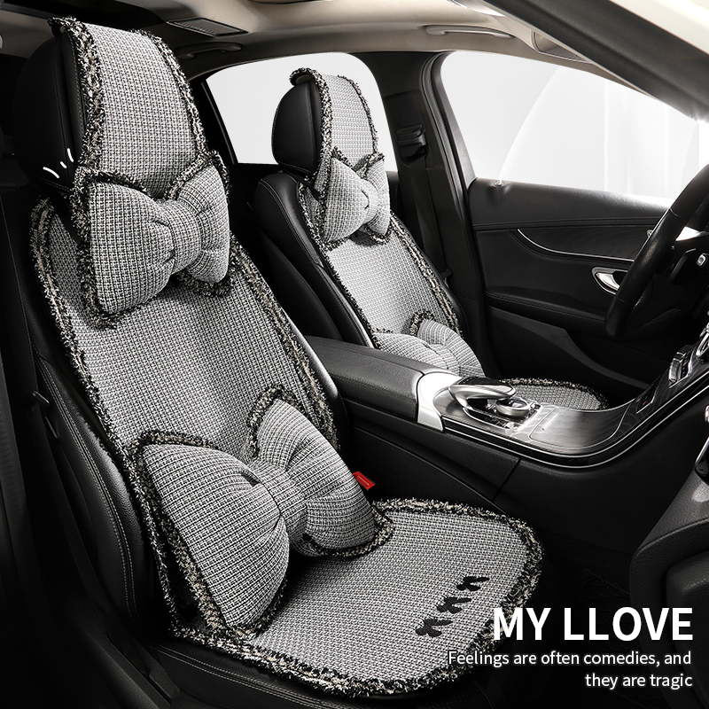 2025新款汽车坐垫四季通用座椅套卡通蝴蝶结女士车内夏季亚麻座垫
