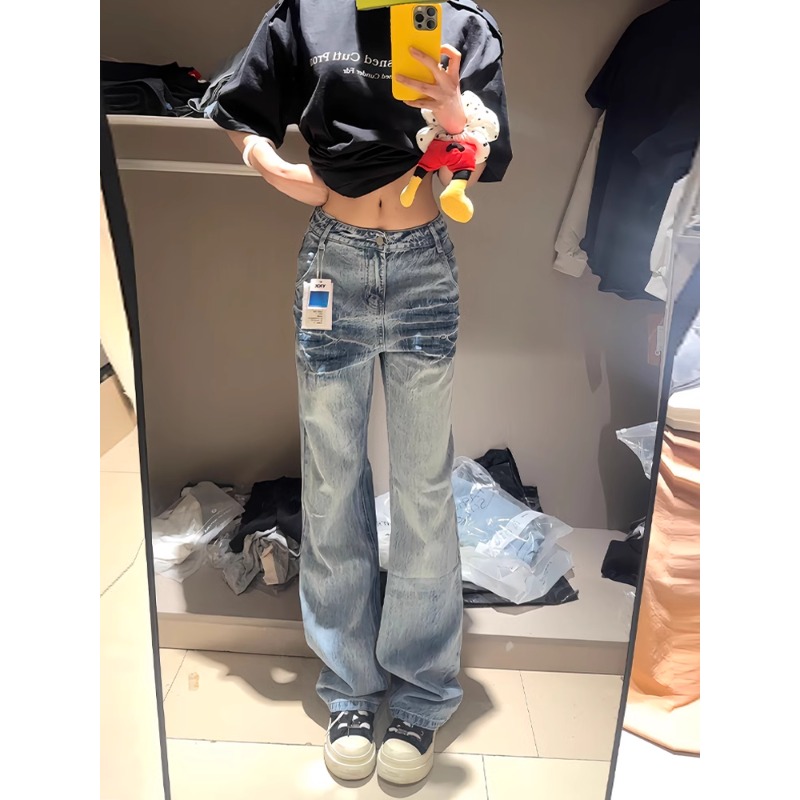 水洗蓝闪电纹牛仔裤男款秋季修身显瘦cleanfit裤子美式微喇直筒裤