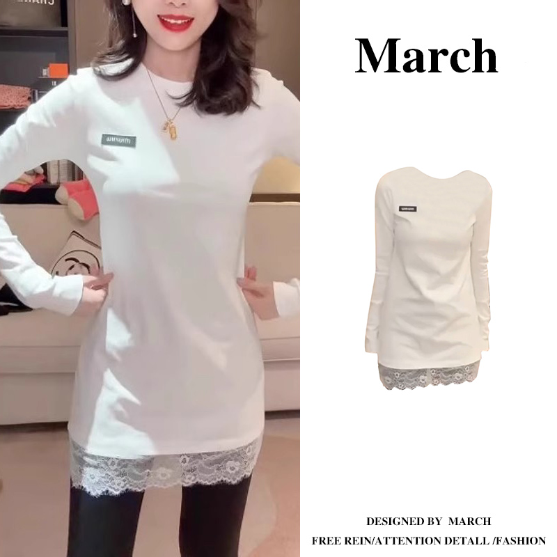 欧货拼接蕾丝长袖T恤女2025年新款时尚中长款打底衫别致上衣5677