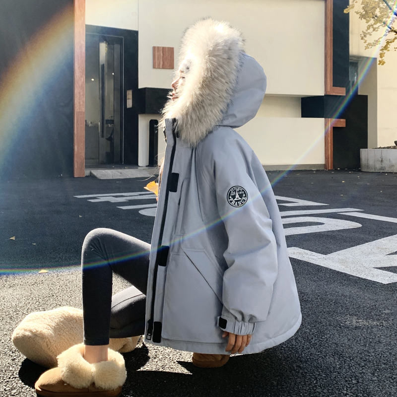 蓝色学院风高级感大毛领派克服女2025冬季新款韩系加厚独特厚外套