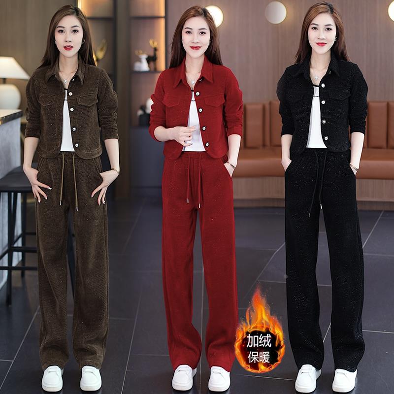 加绒阔腿裤休闲套装女2025秋冬季新款洋气亮闪短外套直筒裤两件套