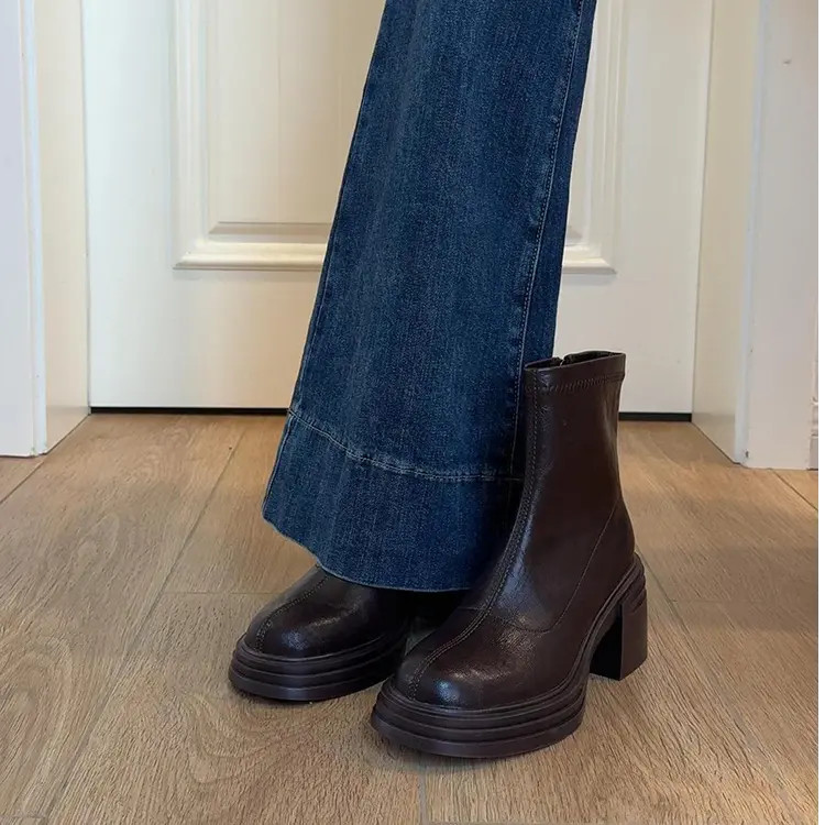 2025新款小个子增高瘦瘦靴女粗跟7cm 圆头厚底短靴女弹力靴后拉链