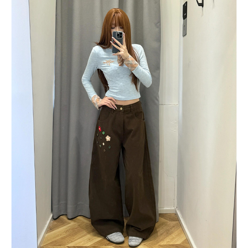 美式复古咖色花朵刺绣牛仔裤女秋冬季高腰宽松直筒梧桐阔腿长裤子