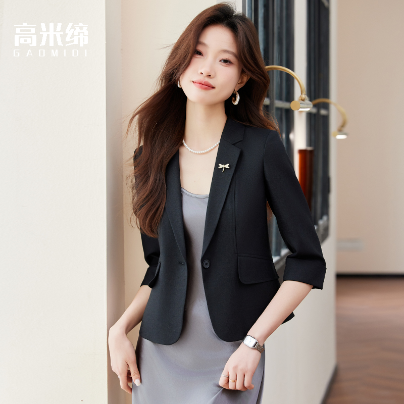 黑色短款西装外套女2025新款小个子夏季薄款七分袖修身西服套装裙
