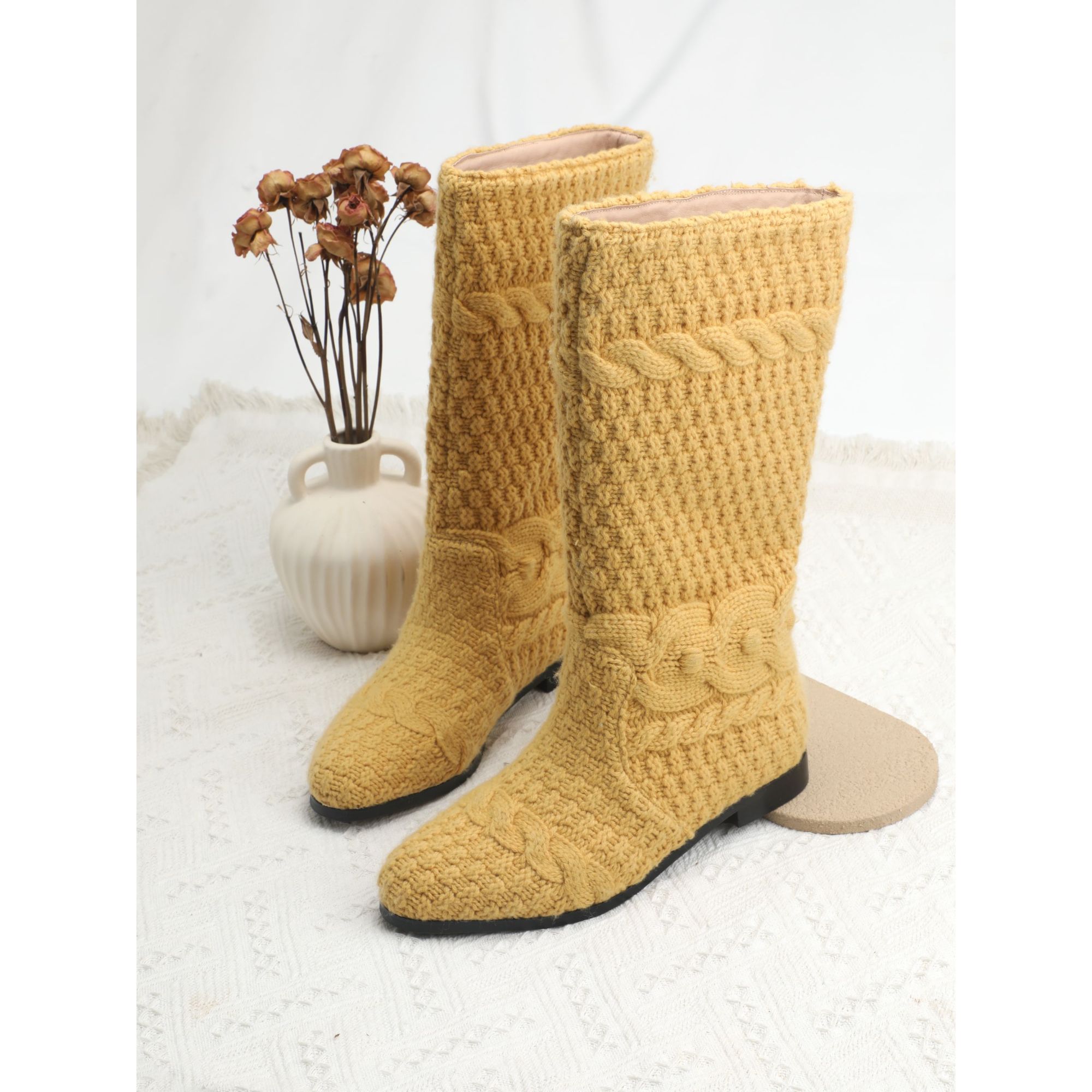 璇之恋·王璇·木黄色羊毛长筒靴·王璇原创设计