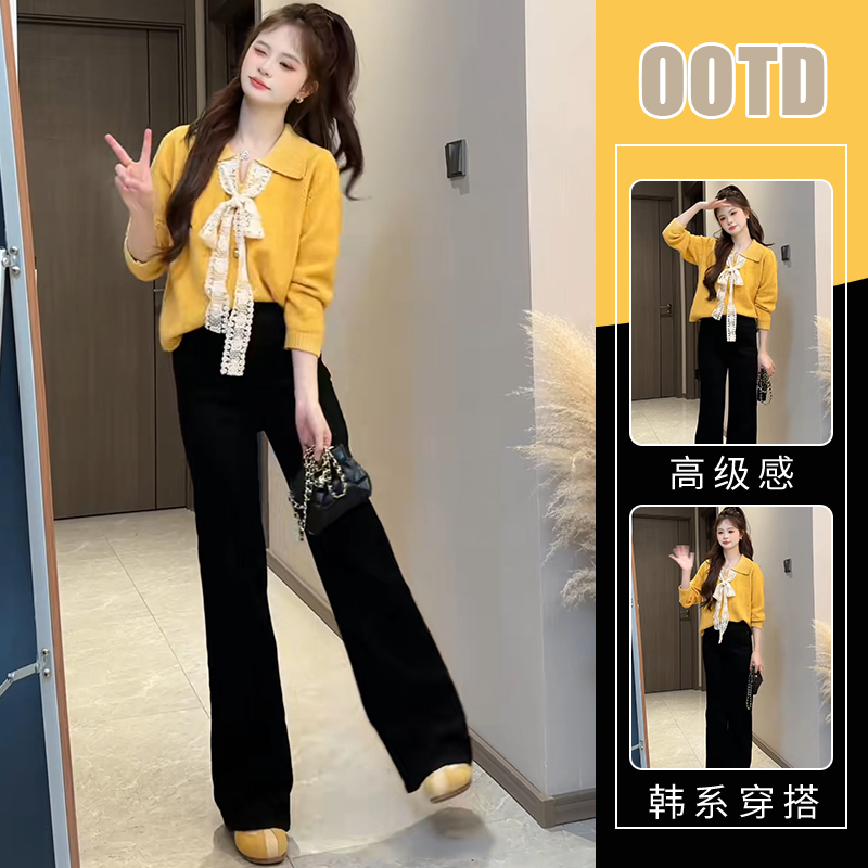 温柔系炸街奶乖两件套2025年小心机蕾丝拼接针织衫高腰遮胯阔腿裤