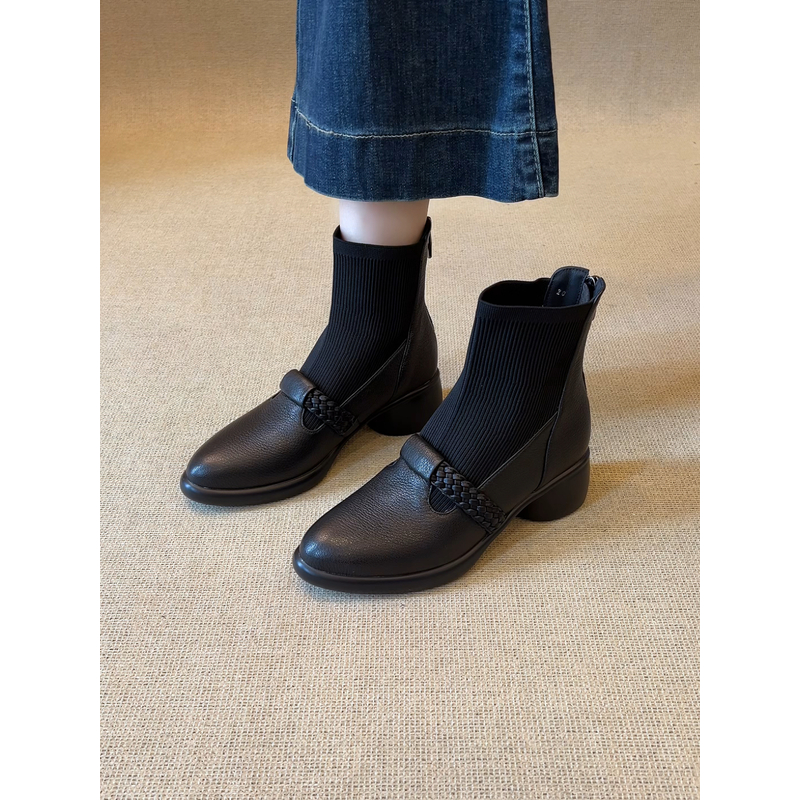 nnmiss·34-40/5cm复古粗跟短靴简约尖头编织丁字带拼接针织瘦瘦靴