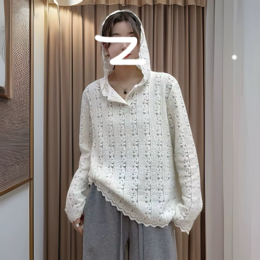 5163现货秋季女装洋气立体钩花蕾丝连帽衫套头宽松镂空气质打底衫