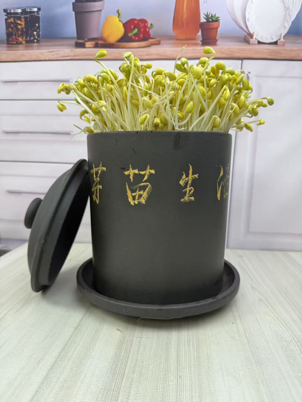 宜兴紫砂黑金砂老料直筒芽苗罐豆芽机家用水培蔬菜神器带盖