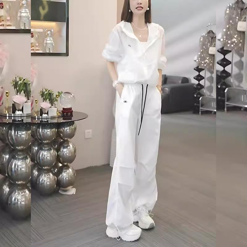 2025夏季新款女士白色休闲运动服套装宽松薄款防晒衣工装裤两件套