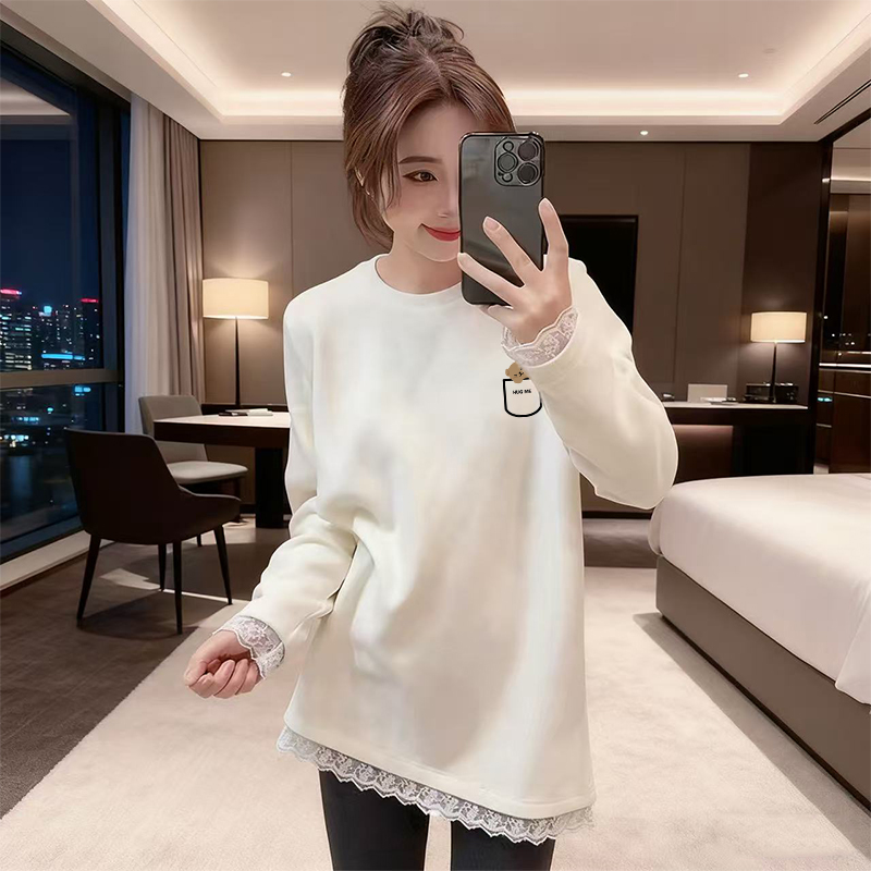 蕾丝拼接德绒T恤女长袖中长款2025春秋季新款内搭时尚上衣打底衫