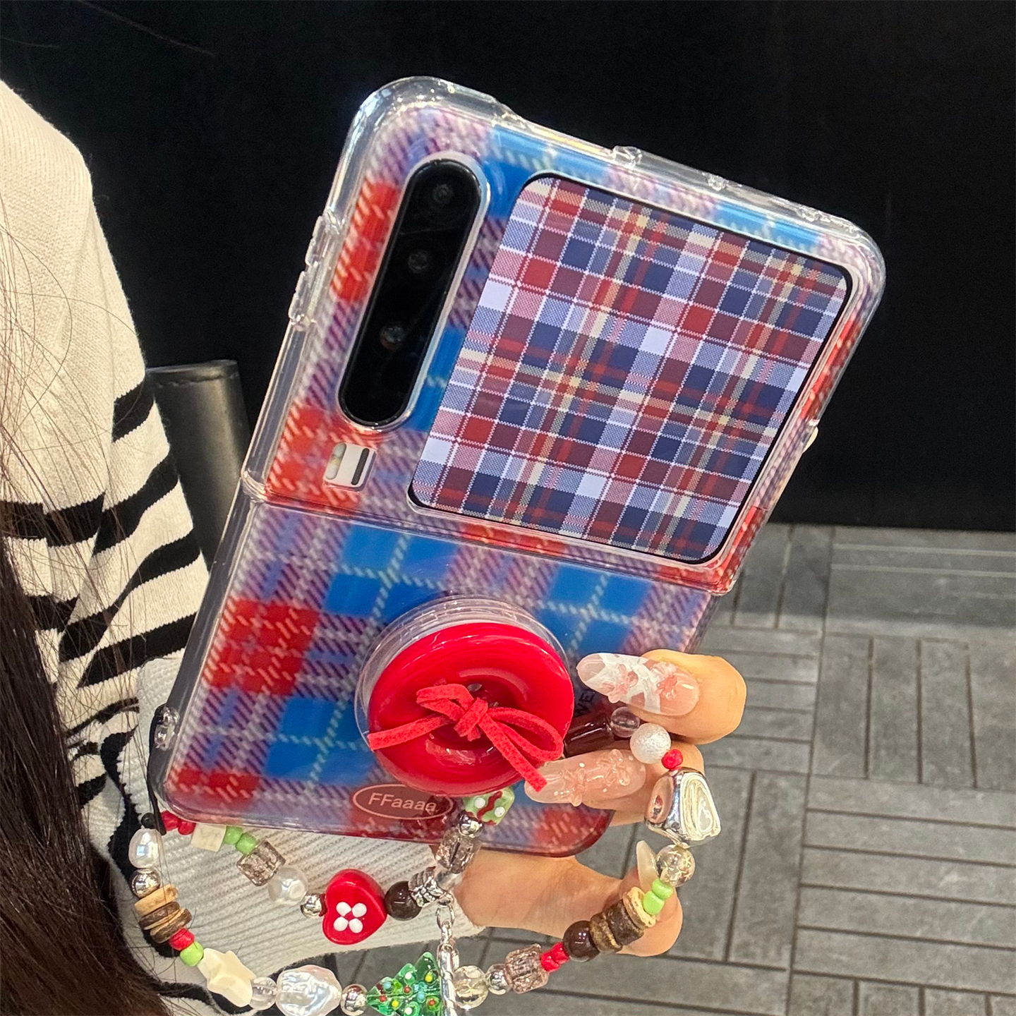 适用华为purax典藏版折叠屏手机壳PuraX红蓝格纹红色纽扣支架链条