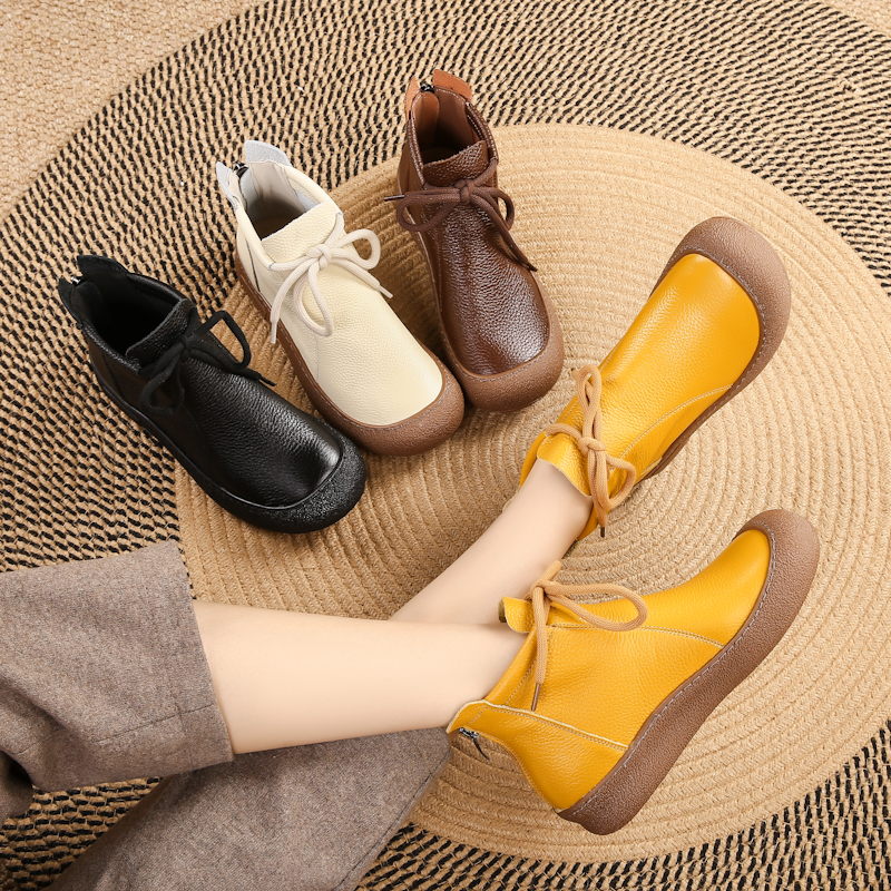 头层牛皮秋冬圆头舒适平底短靴中老年防滑百搭时尚平底马丁靴