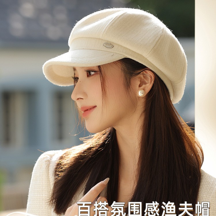 秋冬高级毛呢八角帽女生复古米白色鸭舌画家帽子韩系潮百搭报童帽