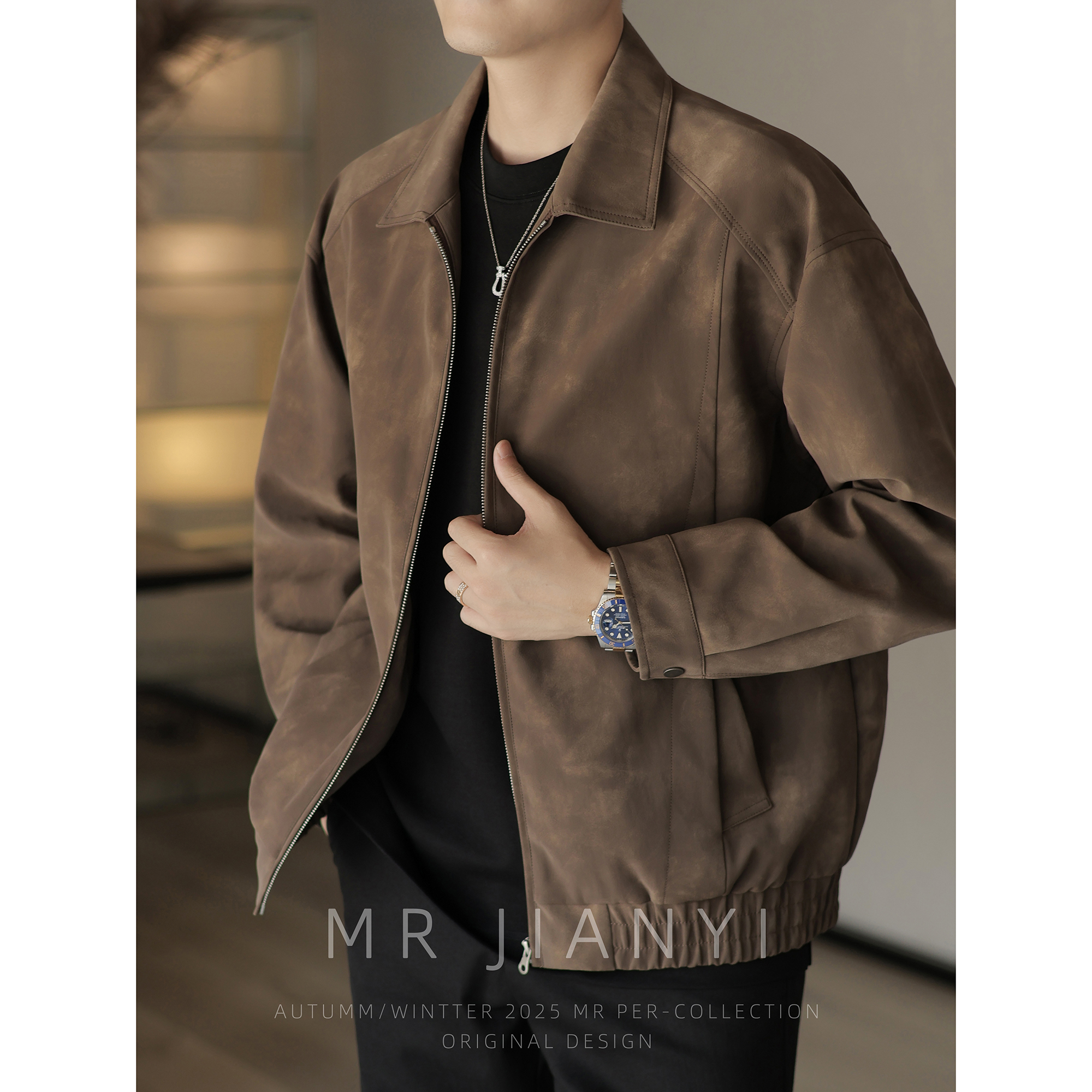 MR JIANYI 秋季扎染落肩结构PU翻领皮夹克商务休闲工装皮衣外套男