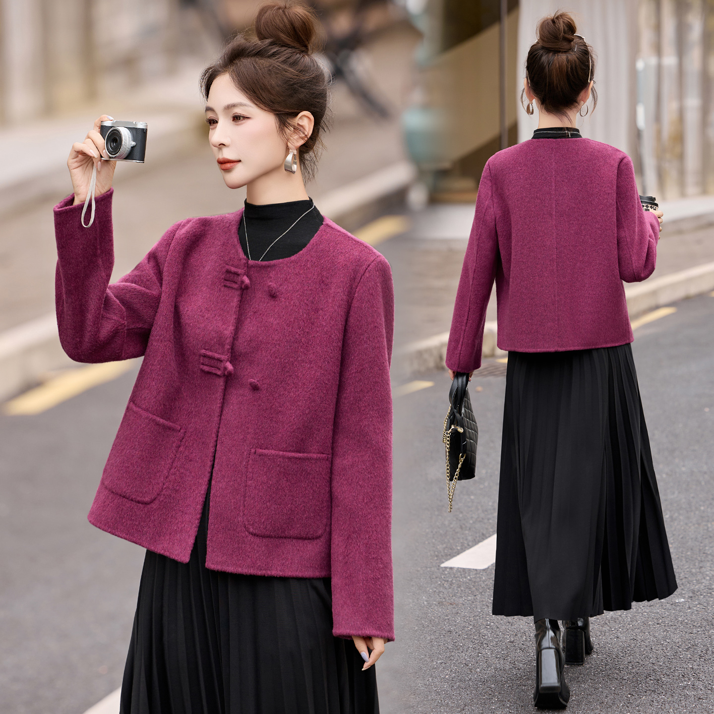 呢子大衣女款爆款2026新款新中式双面羊毛呢外套女小个子盘扣短款