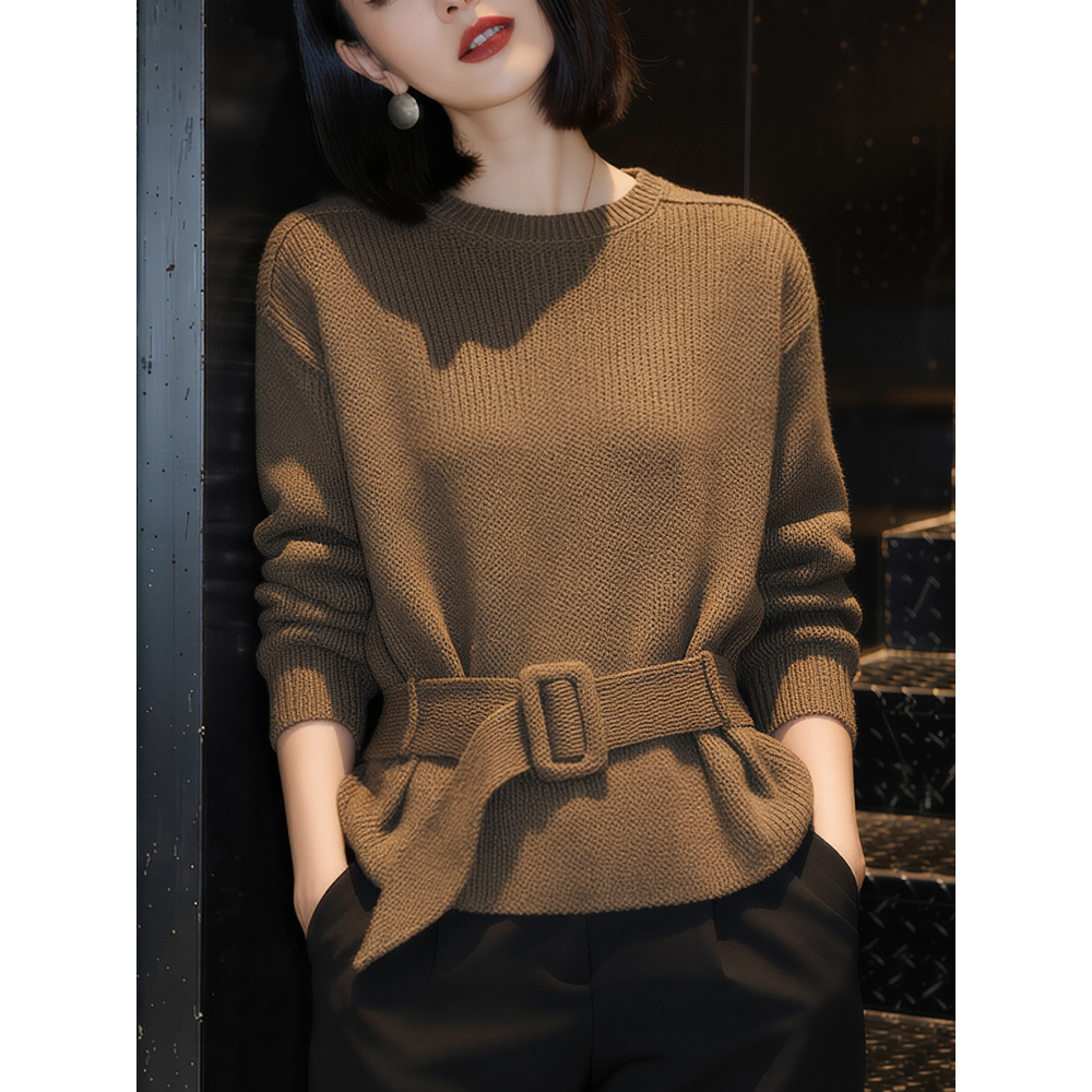咖色套头毛衣女士秋冬慵懒高级感减龄内搭收腰系带打底针织衫上衣