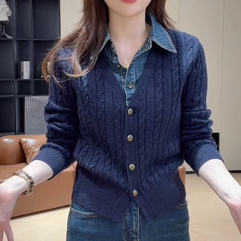 时尚牛仔拼接针织衫女2025秋季新款洋气显瘦假两件长袖毛衣春秋