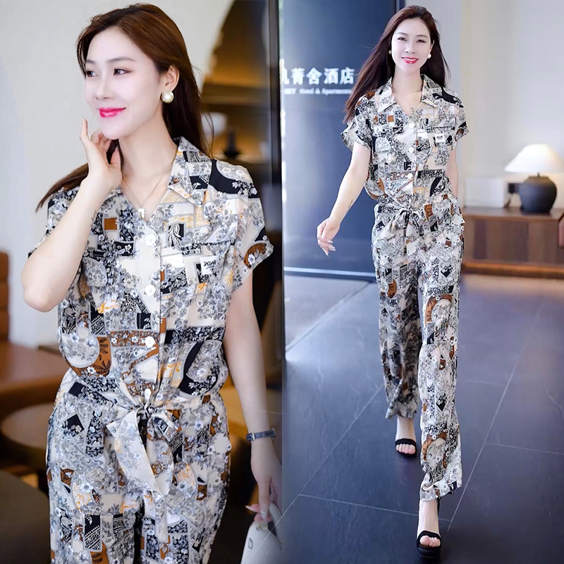 时尚套装女2026年夏季新款休闲宽松洋气减龄印花短袖阔腿裤两件套