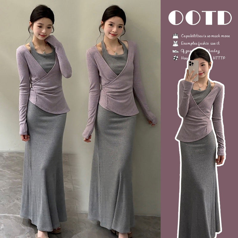 时髦孕妇装新款秋季休闲春秋显瘦长袖上衣时尚开叉修身裙子两件套