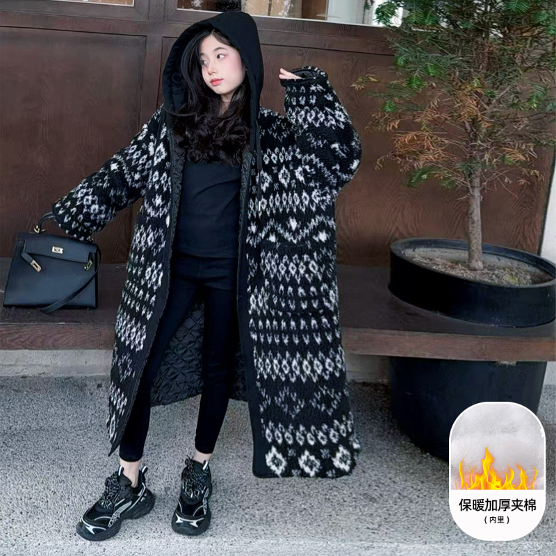 【酷哒仔】女童欧货连帽夹棉加厚长款棉衣外套2025秋冬装中大童棉服