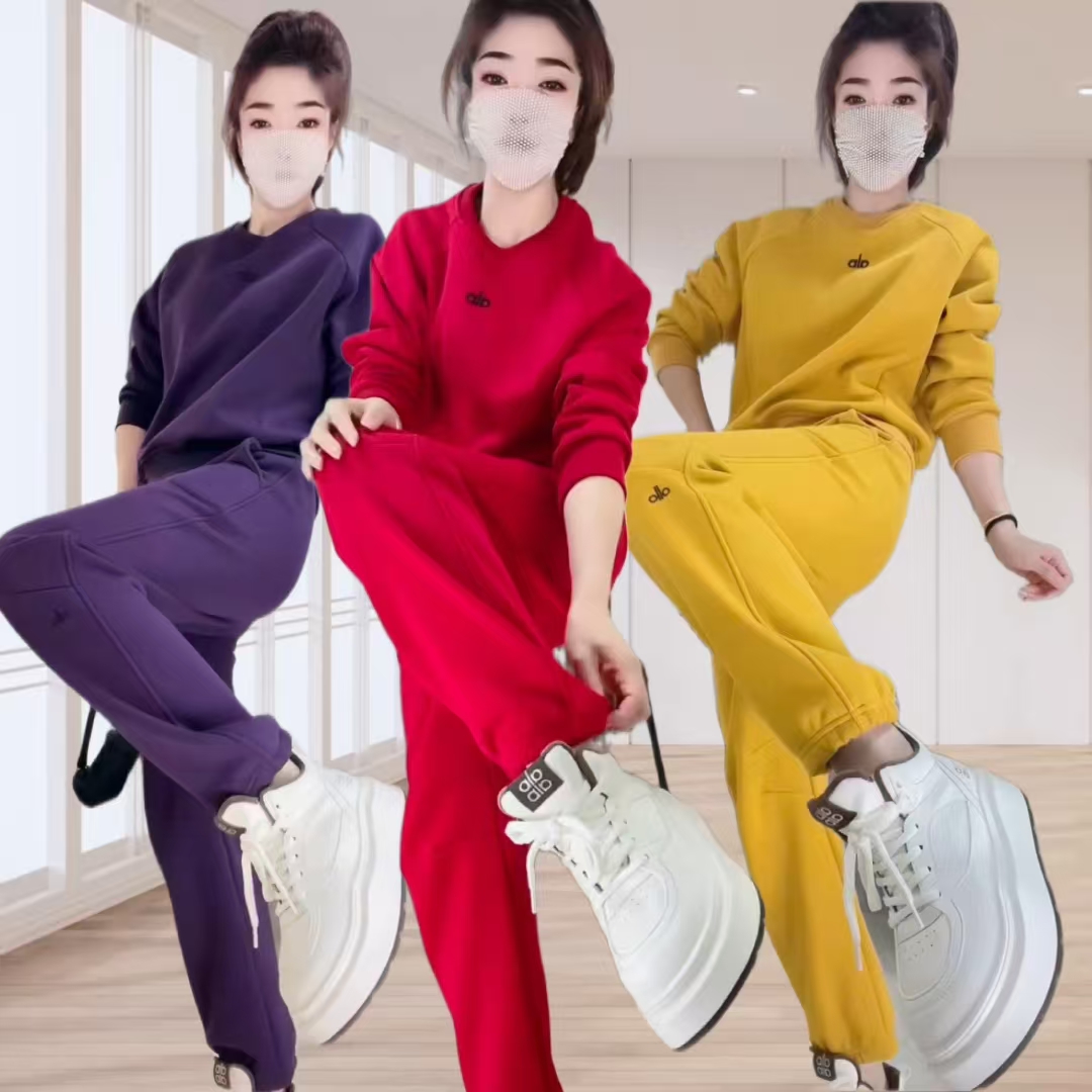 过年红色加绒运动套装女时尚宽松显瘦圆领长袖卫衣休闲百搭卫裤