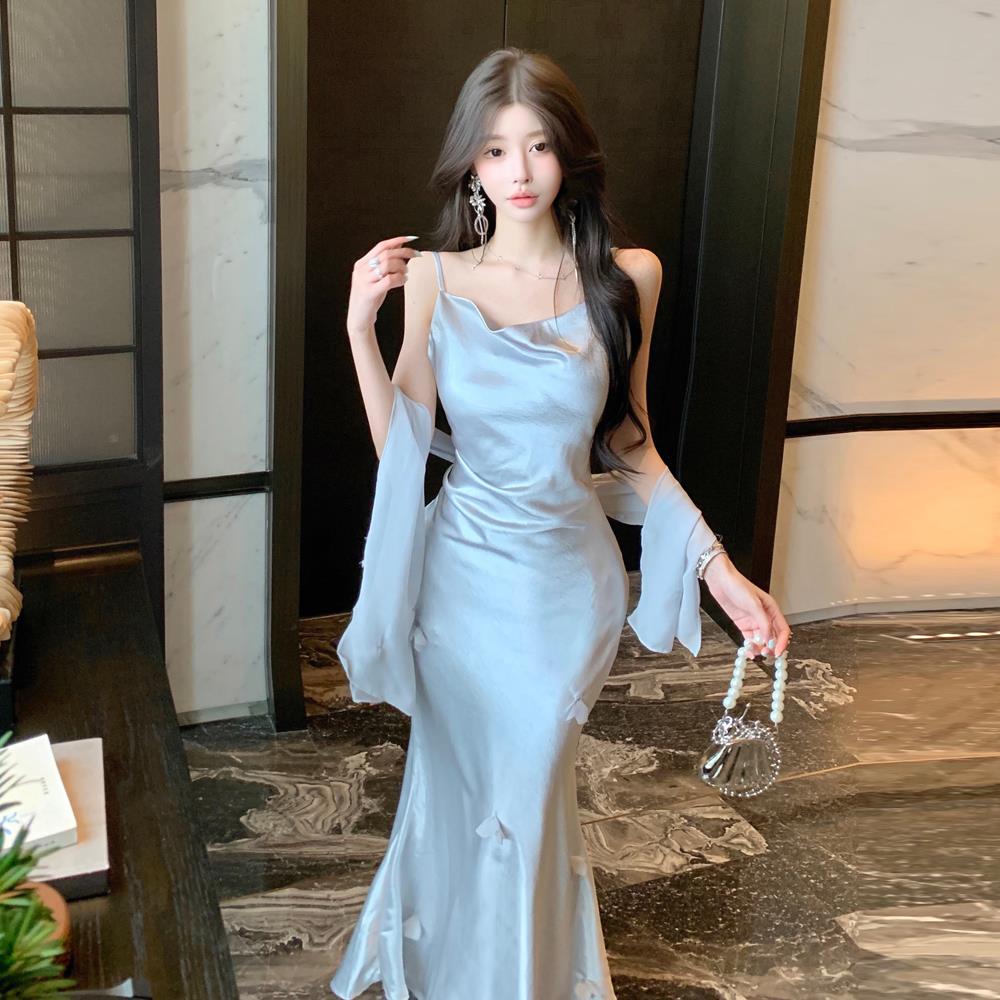 法式轻奢荡领高级鱼尾吊带连衣裙气质优雅名媛修身宴会礼服两件套