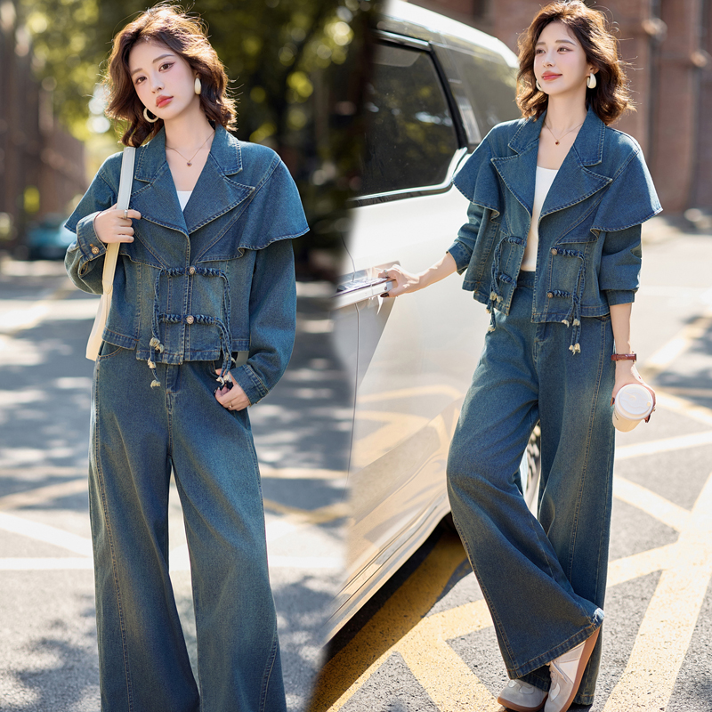 休闲时尚翻领牛仔套装女2025春秋新款设计感炸街气质阔腿裤两件套
