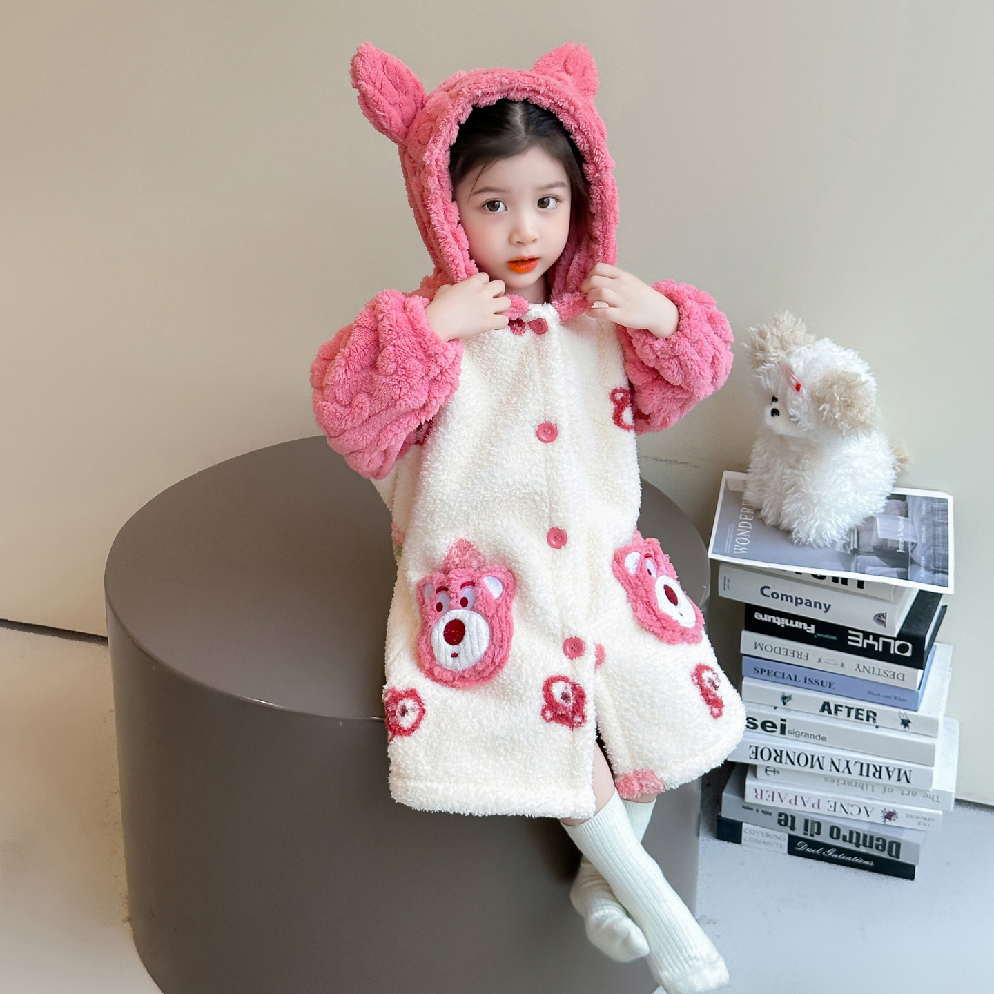 女童珊瑚绒睡袍秋冬宝宝连帽冬季可穿式浴袍加厚保暖浴衣儿童睡衣