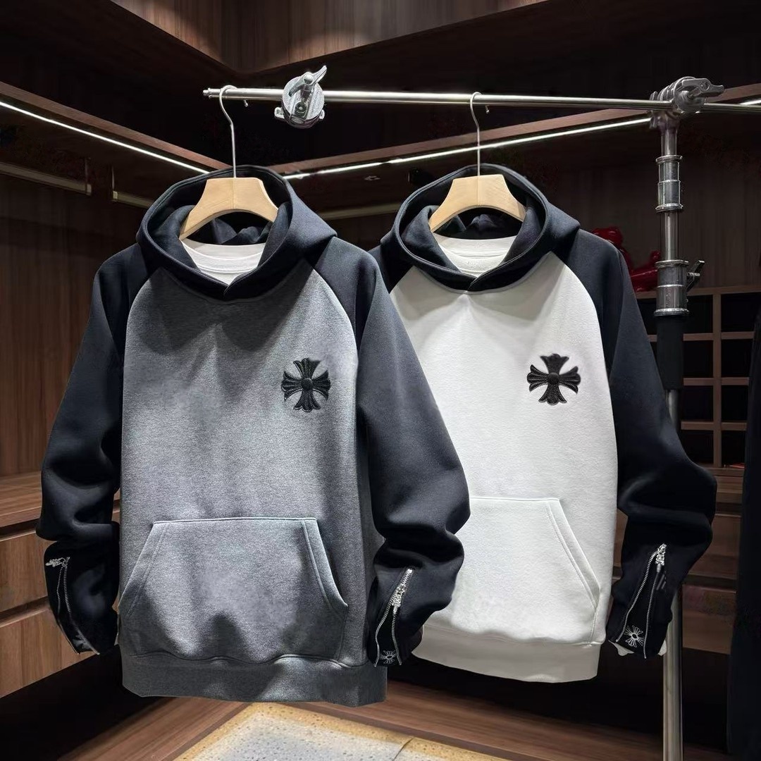 冬季新款加绒保暖卫衣男拉链袖贴皮十字花设计加绒加厚连帽情侣款