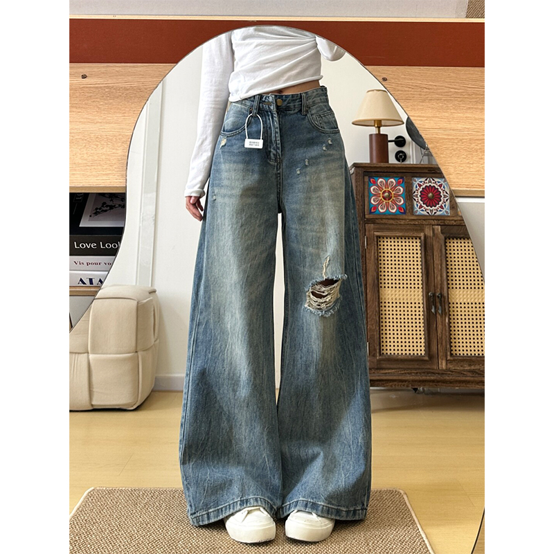 大码复古破洞设计感阔腿牛仔裤女春夏新款2025高腰显瘦宽松直筒裤
