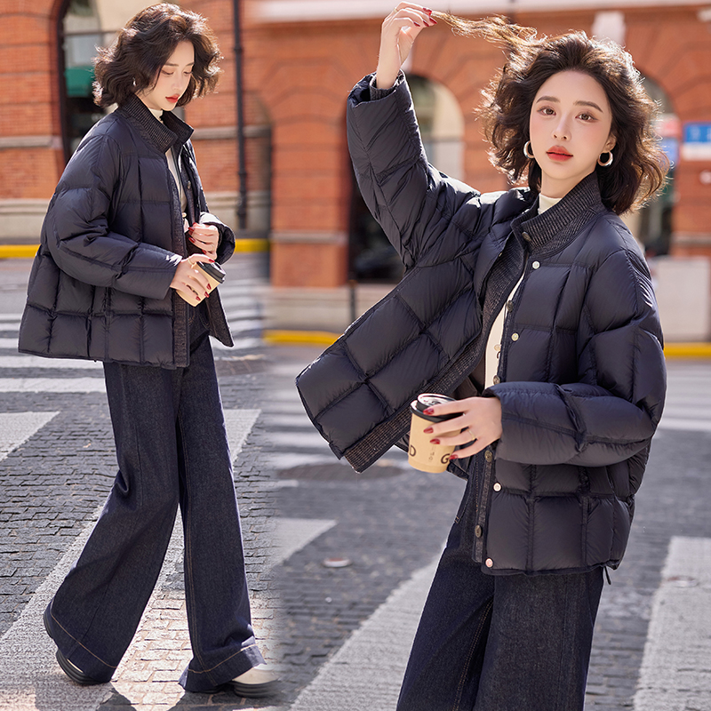 韩版气质针织拼接羽绒服女2025冬季新款休闲风宽松百搭白鸭绒外套