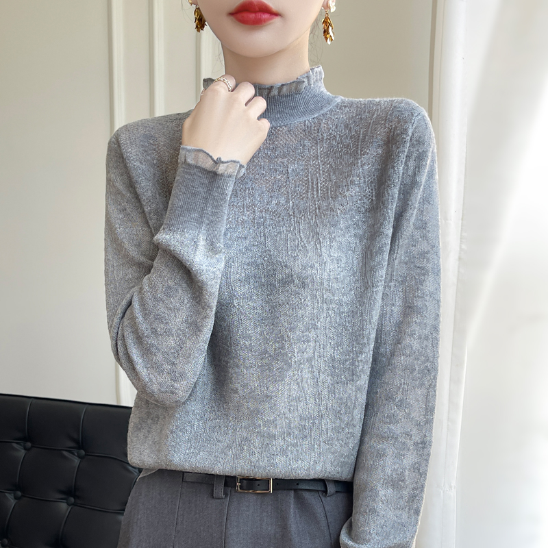 秋季新款羊毛拼接欧根纱蕾丝拼接长袖针织衫洋气百搭时尚显瘦打底