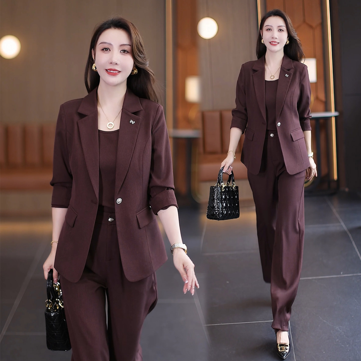 职业时尚西装套装女2025秋季新款气质显瘦西服外套吊带西裤三件套