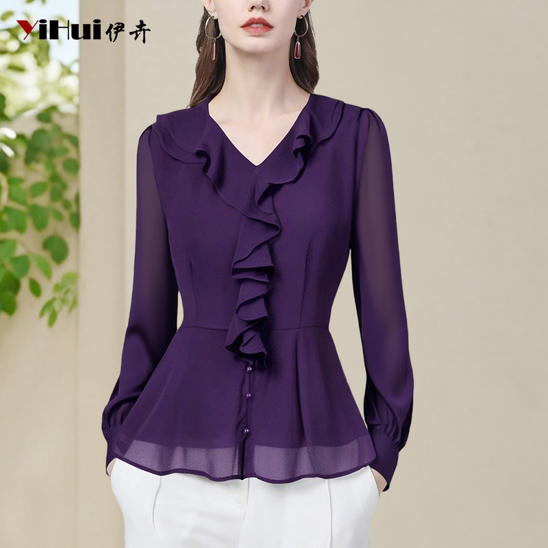 YIHUI伊卉雪纺衫女长袖秋季新款荷叶边百搭v领洋气收腰SF256613