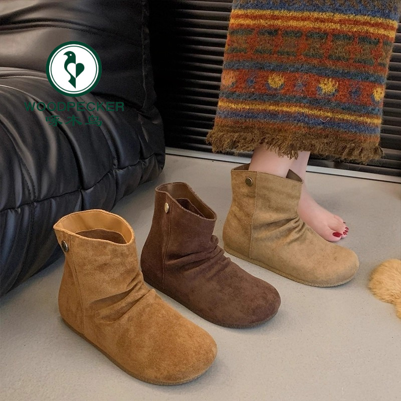 啄木鸟巨好看堆堆勃肯小短靴2025爆款秋冬绒面软平底内增高瘦瘦靴