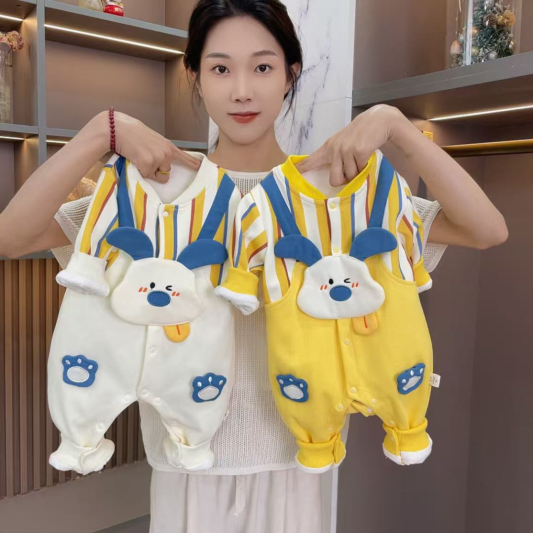 春秋新款男女宝吐司小队长连体哈衣婴幼儿萌狗假背带可爱双层童装