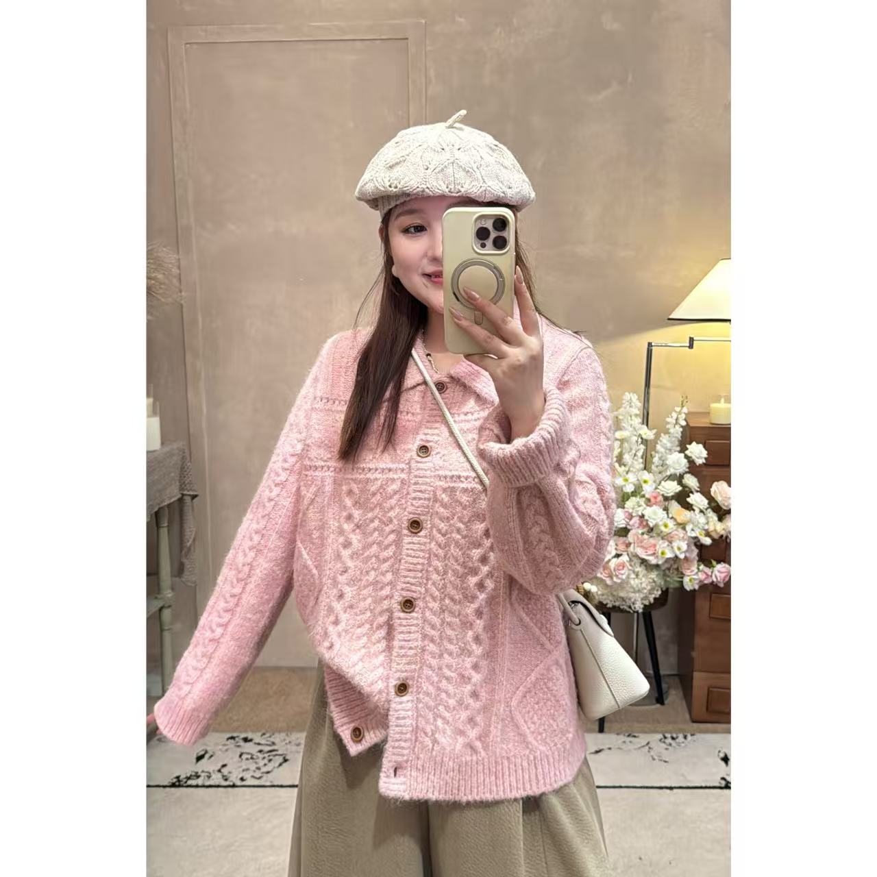 晶咕佳佳【松果信箱】翻领麻花开衫毛衣百搭宽松慵懒风韩版针织