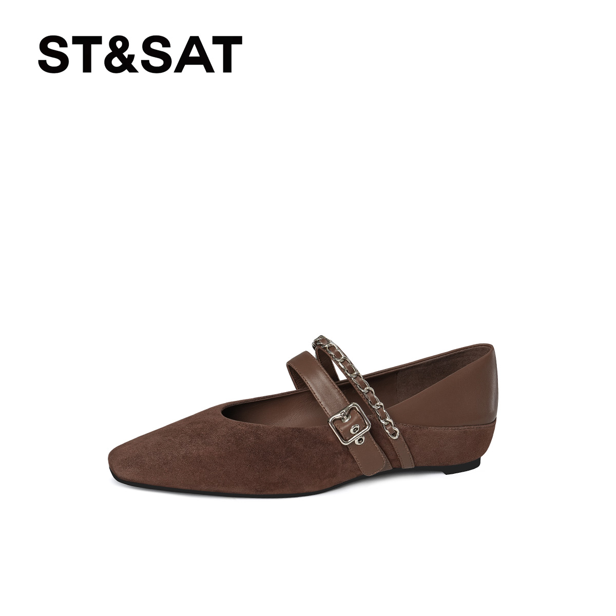 St&Sat/星期六百搭休闲拼色方头链子单鞋浅口复古英伦风玛丽珍鞋