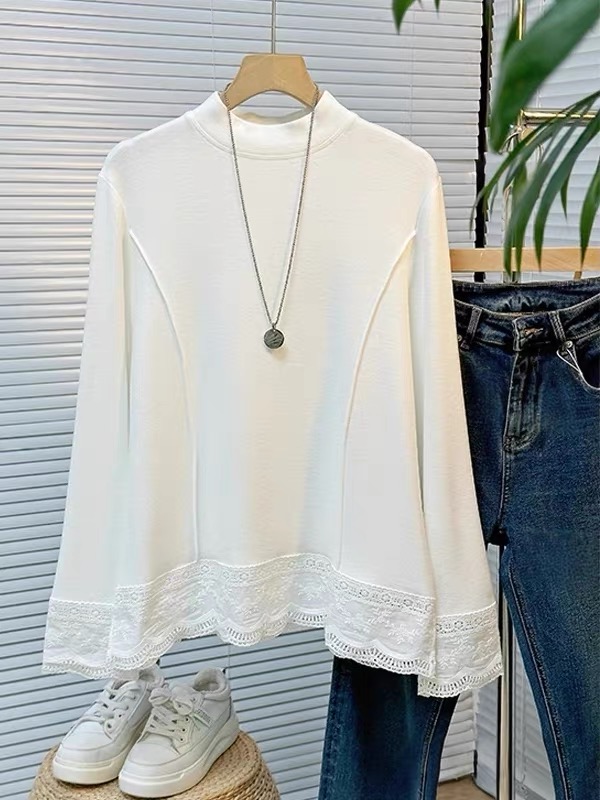 白色打底衫女内搭2025秋冬新款宽松显瘦下摆镂空花边T恤上衣