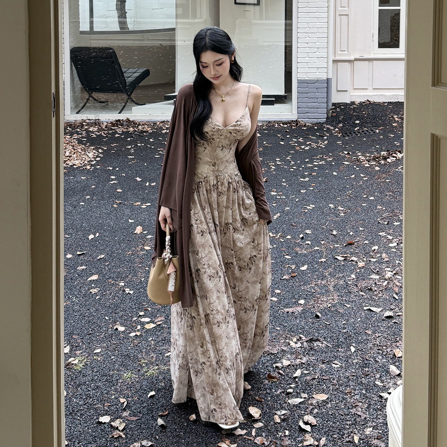 新中式禅意飘飘罩衫V领网纱碎花吊带连衣裙秋慵懒风气质优雅套装