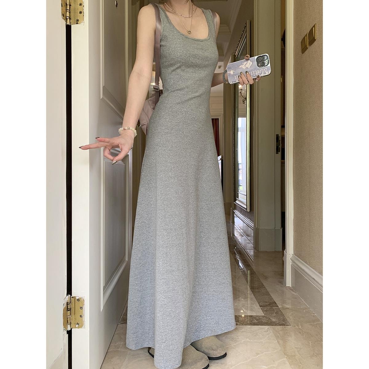 韩系气质方领A字收腰吊带连衣裙女灰色简约内搭打底背心长裙夏季