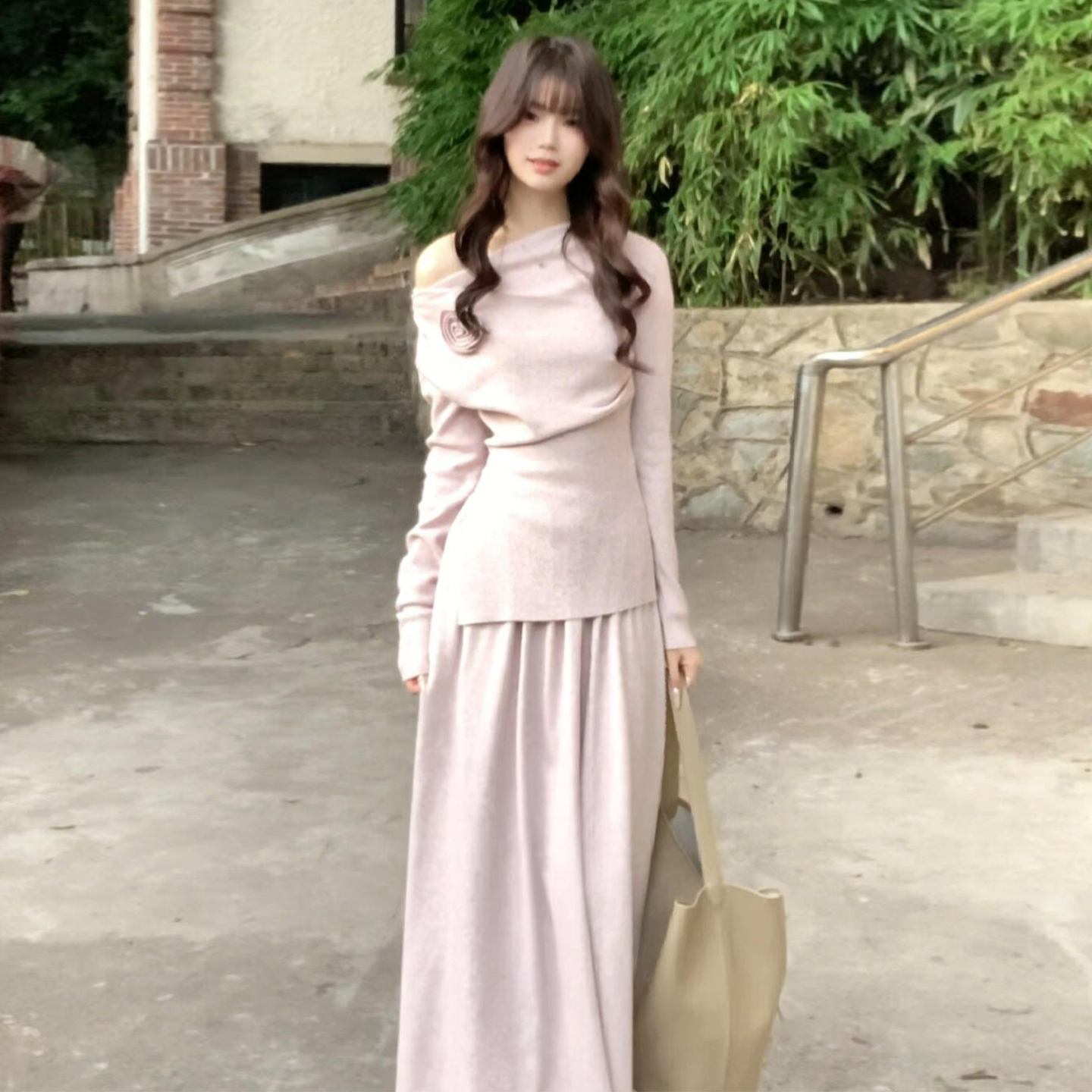 法式千金感粉色针织套装连衣裙子女秋冬季2026新款冬装一整套长裙