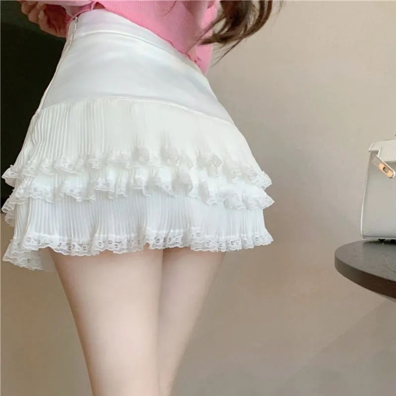 纯欲花边蕾丝荷叶边半身裙女小个子白色短裙百搭裙