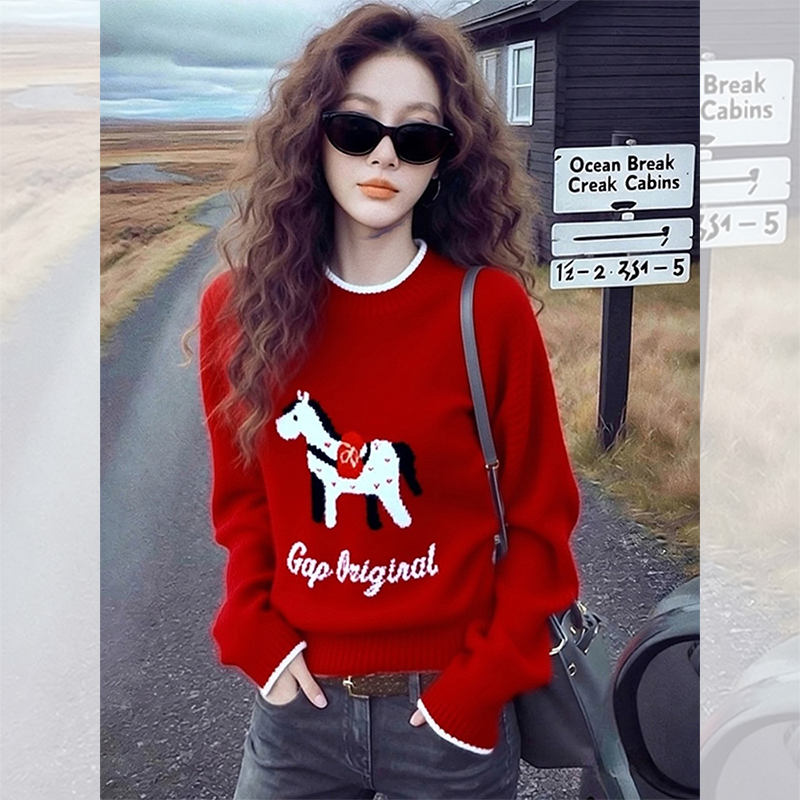 别致独特漂亮内搭红色提花小衫毛衣女秋冬洋气高贵百搭针织衫上衣