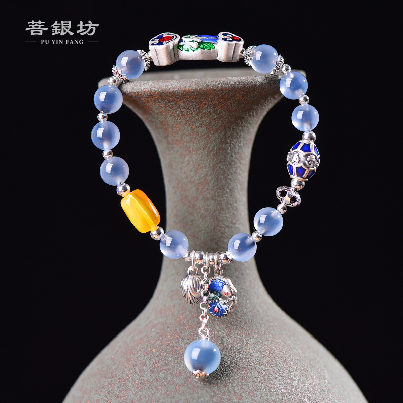 足银珐琅手链 【菩银坊】如意路路通赛里木湖蓝糖心手链 气质