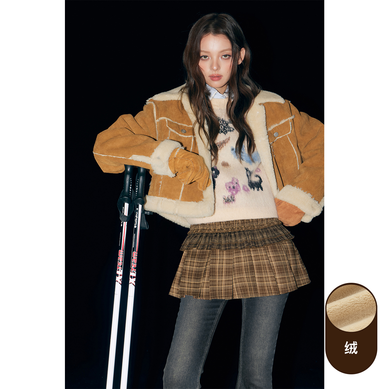 CHUU冬季女装仿麂皮绒设计长袖拼接加厚保暖夹克百搭外套