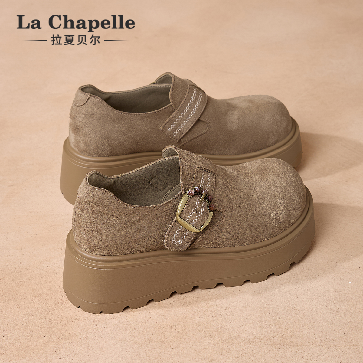 拉夏贝尔厚底勃肯鞋女2025新款冬季爆款女士乐福单鞋女全包博肯鞋