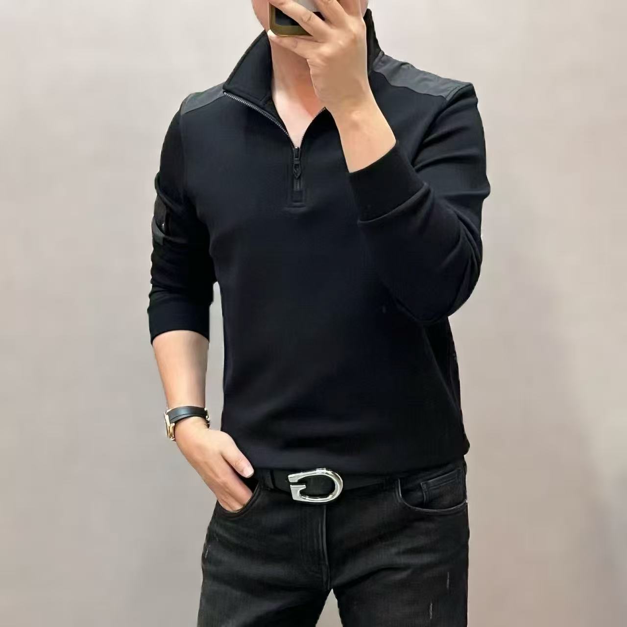 新款高端男士简约休闲长袖半拉链拼接立领卫衣15021