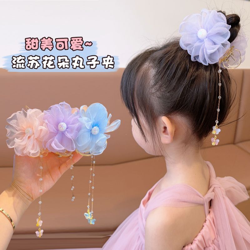 2025网红儿童丸子头蝴蝶结抓夹流苏链条发夹女童盘发固定发夹发饰